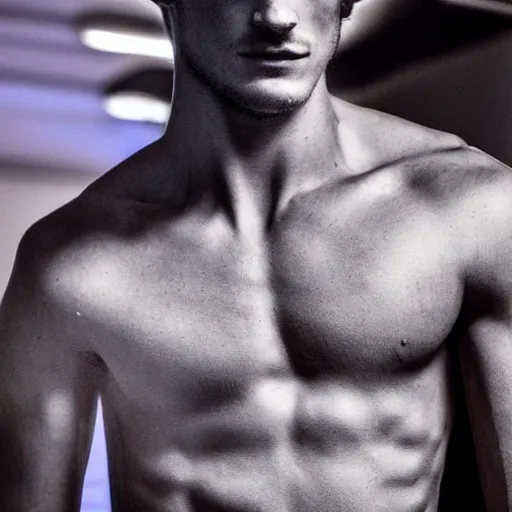 Image similar to a realistic detailed photo of a guy who is an attractive humanoid who is half robot and half humanoid, who is a male android, soccer player antoine griezmann, shiny skin, posing like a statue, blank stare, in a living room, on display, showing off his muscles