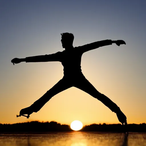 Prompt: elegant young man figure skating against setting sun, dramatic lighting, silhouette