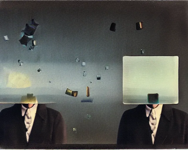 Prompt: Magritte. Hazy polaroid collage. glass cubes falling from the sky. Dark ooze as figure, bright colored textured space as ground. Yves Tanguy. POV photos from the apocalypse. 4000 ISO. Magritte. images that you are not supposed to see. polaroid collage. Dusty, grimy, incomplete 8k, 4k, high resolution, high grain sandpaper texture pervasive, photo realism