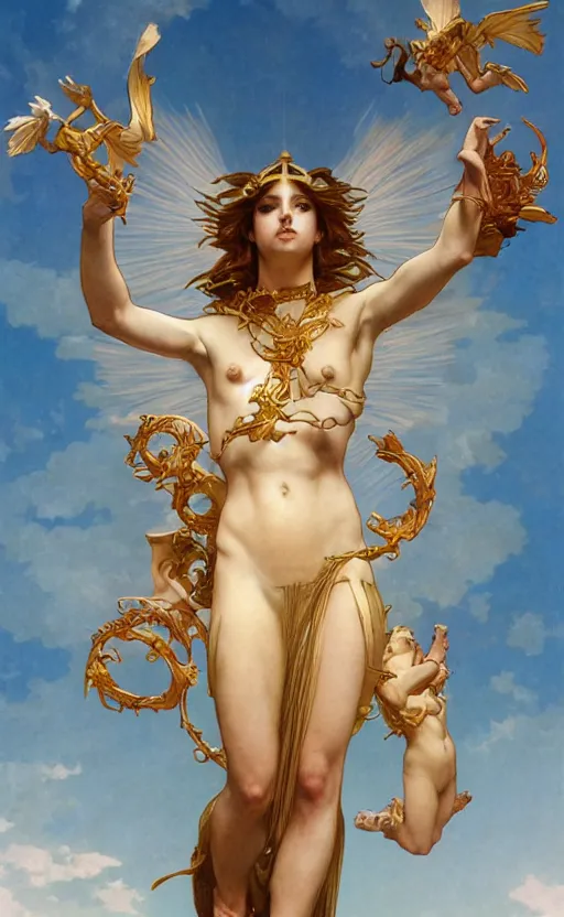 Image similar to illustration of the four armed statue of the goddess of the sun helios descending from olympus, artstation, concept art, smooth, sharp focus, illustration, art by artgerm and greg rutkowski and alphonse mucha and william adolphe bouguereau and john william waterhouse