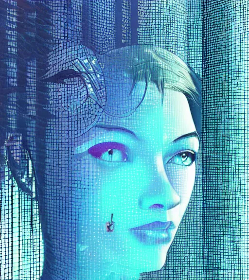 Image similar to hologram of a female face on a backdrop of data, Industrial Scifi, detailed illustration, character portrait, by Martin Grip and Moebius