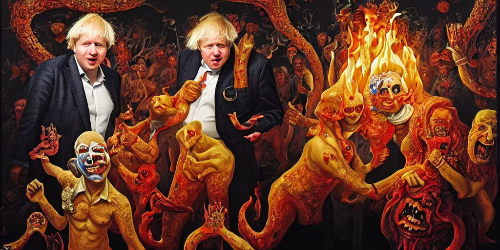 Image similar to rishi sunak and boris johnson in hell, abstract oil painting by gottfried helnwein pablo amaringo raqib shaw zeiss lens sharp focus high contrast chiaroscuro gold complex intricate bejeweled