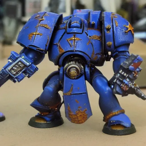 Image similar to Hyper-realistic Warhammer 40k ultramarine fighting against the forces of chaos