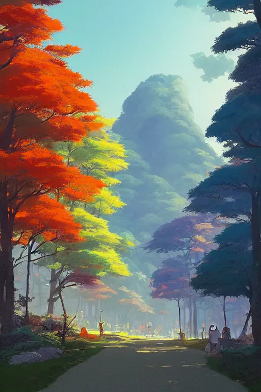 Prompt: avenida paulista in a colorful moutain with beautiful trees, morning, by studio ghibli painting, superior quality, masterpiece, traditional Japanese colors, by Grzegorz Rutkowski, concept art