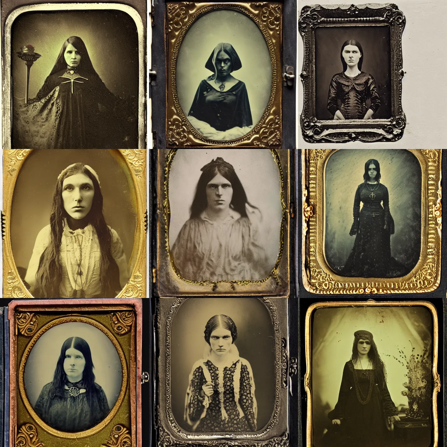 Prompt: ambrotype of a cthulhu priestess. daguerreotype of a priestess. tintype of a cthulhu priestess