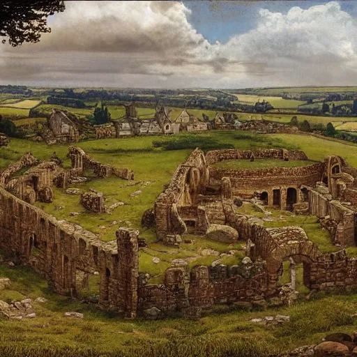 Prompt: a sprawling pictish settlement built around roman ruins in the english countryside, dark ages, 8 th century, by james gurney