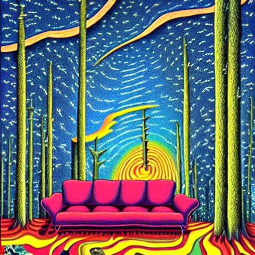 Image similar to psychedelic trippy couch pine forest, planets, milky way, sofa, cartoon by rob gonsalves