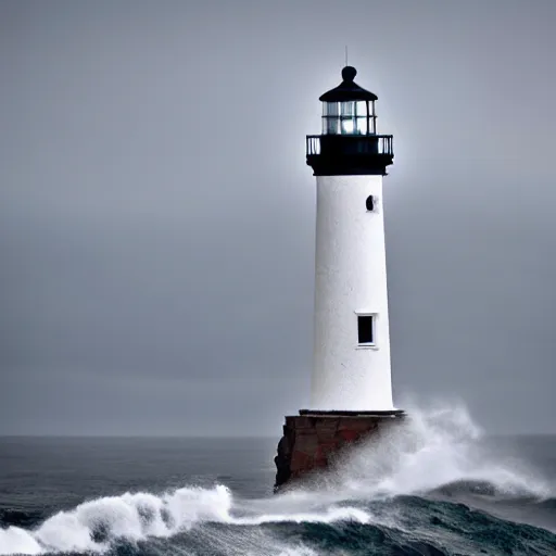 Image similar to light house on cliffs with rough seas and high waves, stormy unreal 5