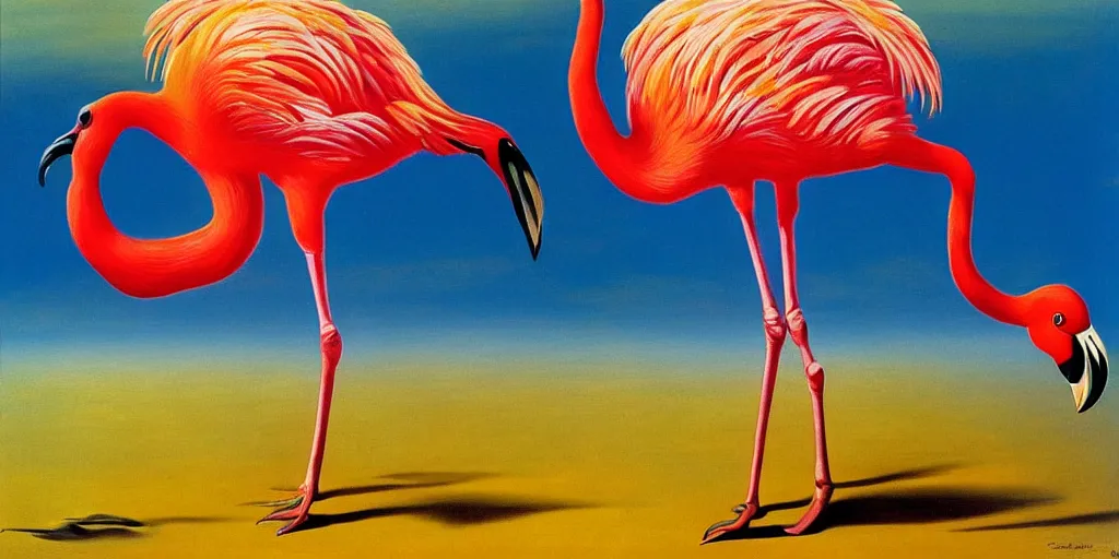 Image similar to Pair of dancing flamingos with a flying egg, oil painting by Salvador Dali.