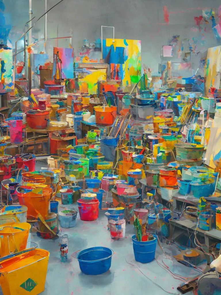 Image similar to large art studio with buckets of paint, colorful in a painting from stalenhag, 4 k, 8 k, hdr, artstation, concept art