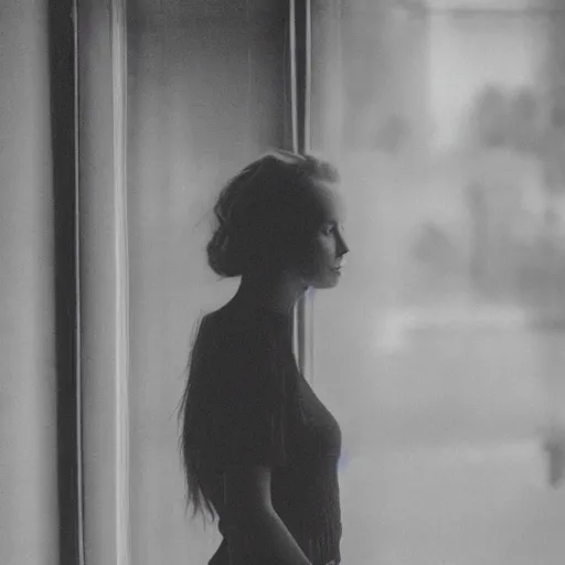 Image similar to black and white fashion photograph highly detailed portrait of a depressed beautiful 30 years old model woman standing by the window, natural light, rain, mist, lomo, fashion photography, film grain, soft vignette, sigma 85mm f/1.4 1/10 sec shutter