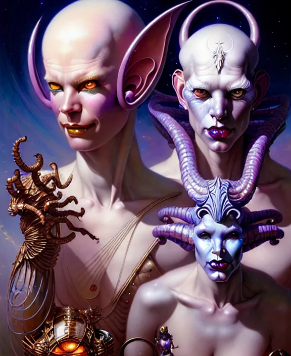 Image similar to beautiful gemini good and evil fantasy character portrait, ultra realistic, wide angle, intricate details, the fifth element artifacts, highly detailed by peter mohrbacher, hajime sorayama, wayne barlowe, boris vallejo, aaron horkey, gaston bussiere, craig mullins