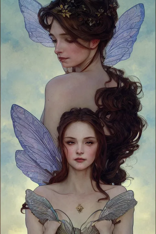 Image similar to portrait of a beautiful fairy with wings, headshot, symmetrical, elegant, regal, intricate, twilight background, highly detailed, digital painting, artstation, sharp focus, watercolor, muted color, complementary colors, art by artgerm, greg rutkowski and alphonse mucha