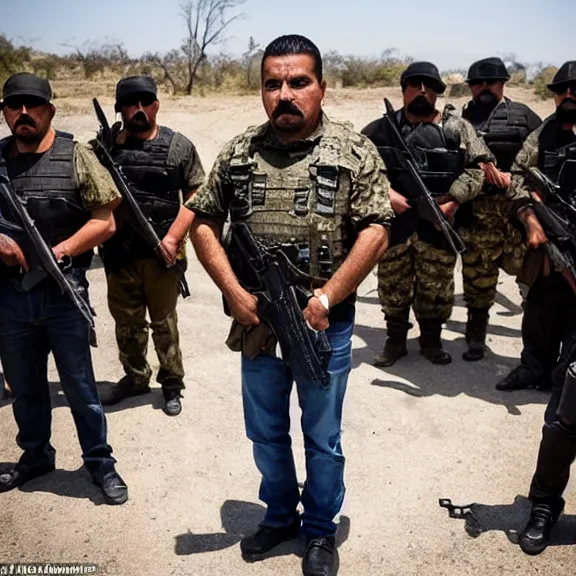 Image similar to the fearsome og shadow, mexican cartel leader, standing in front of his heavily armed men guarding him, award - winning photography