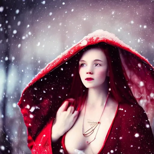 Image similar to winter night, snow, beautiful red haired pale woman wearing bikini top and long cloak, diamond necklace, long hair, symmetric face, single face, full body, photography, octane render, cinematic, 3 0 mm
