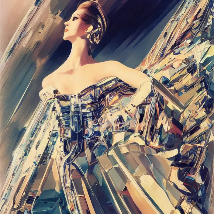 Prompt: shenzhen queen, full body, high fashion, futurism, aerodynamic, flowing, intricate, slick, highly detailed, digital painting, vogue, concept art, smooth, sharp focus, hd, art by syd mead and john berkey and annie leibovitz