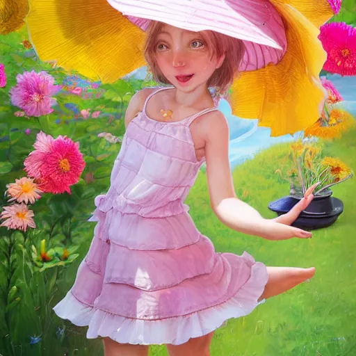 Image similar to A beautiful portrait of an anthropomorphic pig wearing a sunhat and a sundress, cute, adorable, summer, garden, vivid colors , by Stanley Artgerm Lau, WLOP, Rossdraws, James Jean, Andrei Riabovitchev, Marc Simonetti, and Sakimichan, tranding on artstation