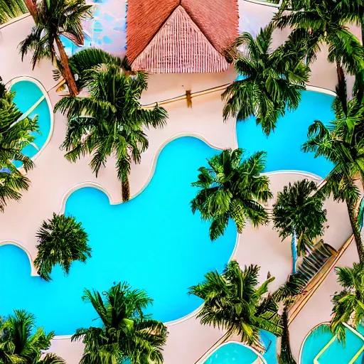 Image similar to aerial view of an elegant swimming pool, palm trees, kodak portra 4 0 0, vaporwave colors, faded effect, 9 0 s vibe, tropical vibe,