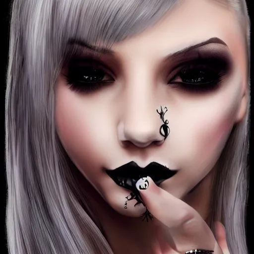 Image similar to girl with blonde hair, eye lashes, nose piercing, light makeup, ( ( goth ) ), cute girl, black long nails, 8 k digital art, intricate, elegant, sharp focus, smooth, wlop