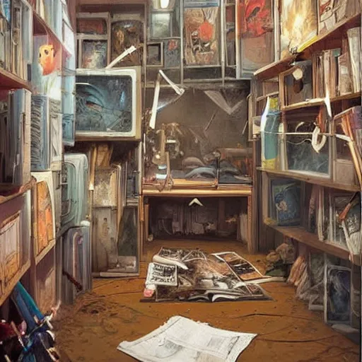 Image similar to detailed room in the sewer lair The room is a clean and delicate room ,over the bed there is a sword rack ,everything is neat ,stack of comics on the floor,soft,light,bright,epic,awesome,digital art, by Simon beak and Greg rutkowski and rossdraws