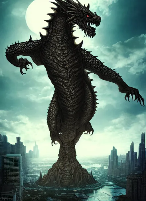 Image similar to artgerm, giant Kaiju dragon monster, god, tiny woman staring up at the Kaiju, expansive, unearthly, 8k, wide-shots, ginormous, horror, looming over city