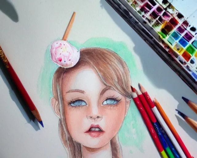 Image similar to a girl with the ice cream watercolor colored pencil painting trending on artstation