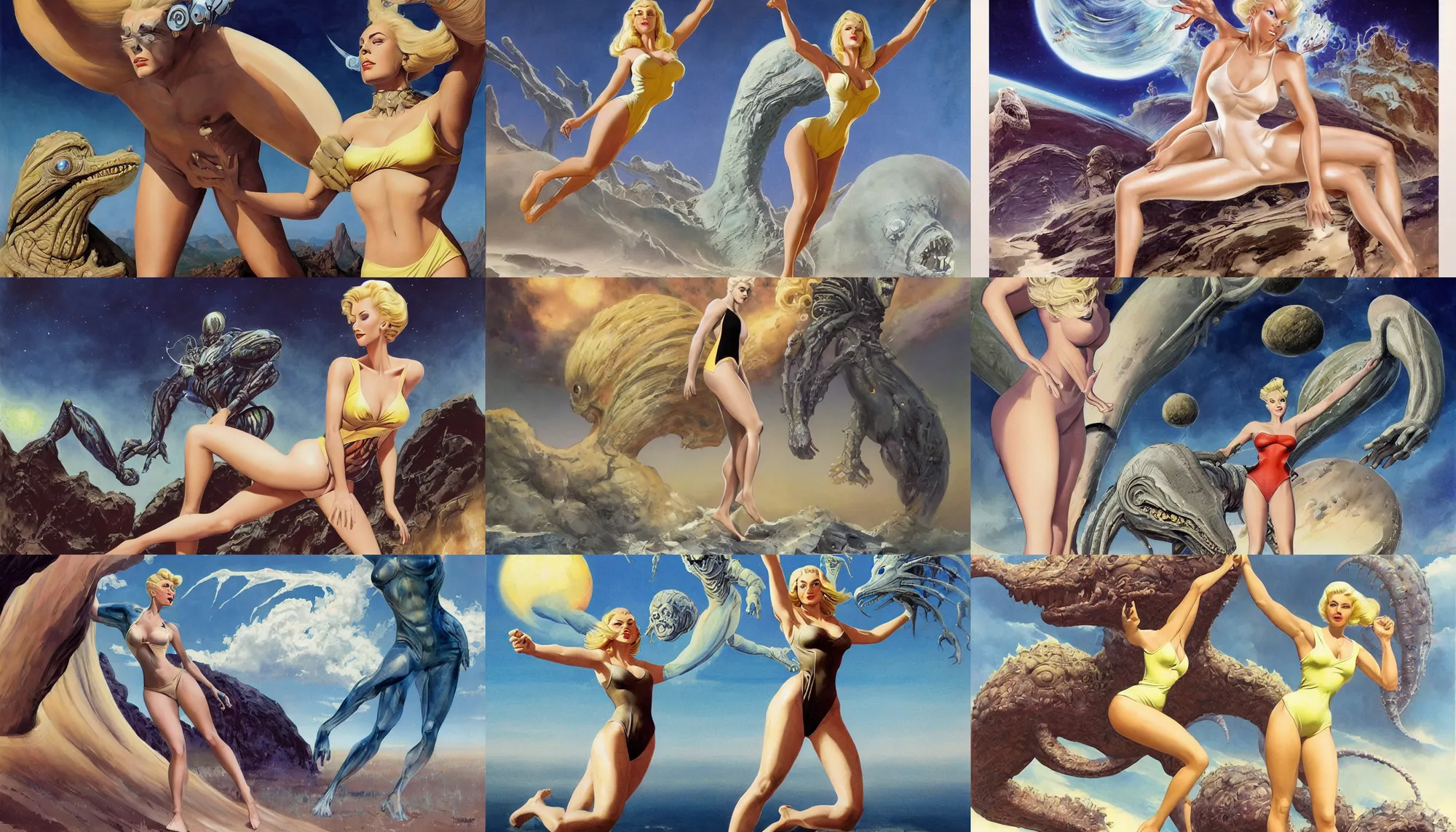 Prompt: a mixed media painting of one very beautiful blonde woman fleeing from a distant colossus creature on an alien world, elegant, aesthetic!!! symmetrical face and eyes, sixties pinup, photorealistic, curvy by frank frazetta, donato giancola, boris vallejo, greg rutkowski, christian macnevin, white high waisted one - piece swimsuit