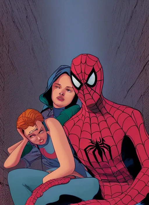 Image similar to poster cover artwork by Michael Whelan and Tomer Hanuka, John Romita Jr of Spiderman and Mary Jane, from scene from Twin Peaks, dramatic lighting, Marvel, clean, simple illustration, nostalgic, domestic, full of details
