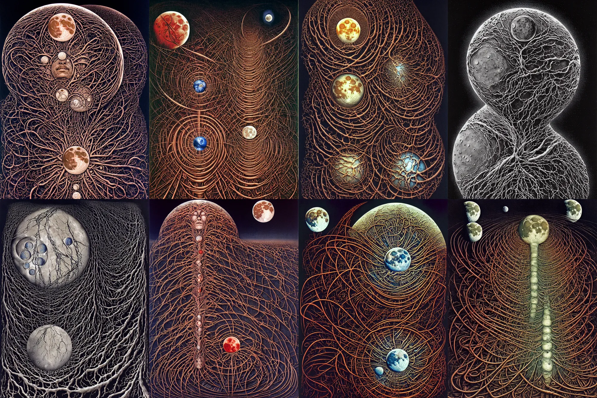 Prompt: the moon landing remaked with fractals of veins and muscle tissue, the moon in the middle, fractals and spirals going outwards, by giuseppe arcimboldo and beksinski, a touch of giger and yamamoto, realistic, high definition