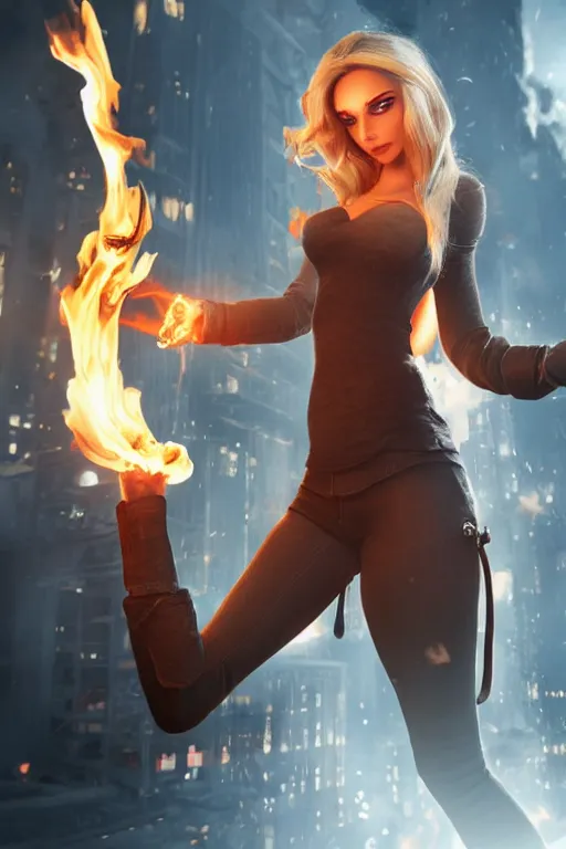 Image similar to gorgeous blonde woman with fire in her hand, futurist city, realistic, high definition, many details, art of unreal engine 5