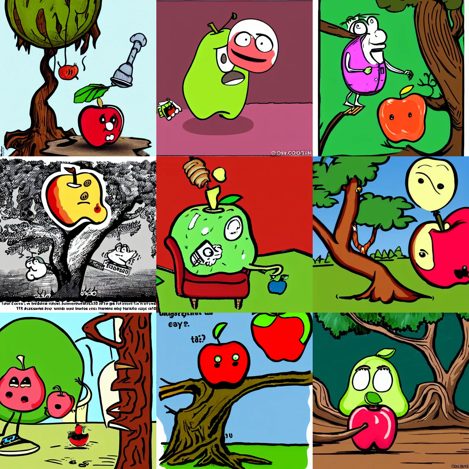 Prompt: a funny cartoon apple that is dressed like a stoner, taking a huge hit off a bong. The apple is sitting on a recliner on a tree branch.