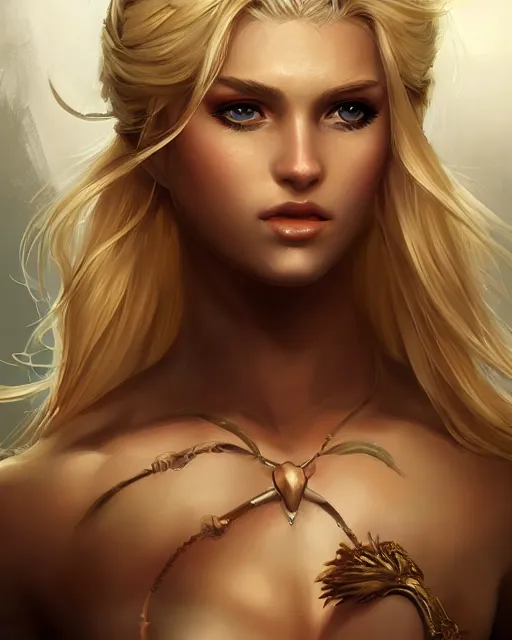 Prompt: A blonde warrior, beautiful and realistic face, sexy look, illustration, full body, in the style of Fernando Juarez, epic, fantasy, intricate, elegant, amazing detail, digital painting, artstation, concept art, smooth, sharp focus, illustration