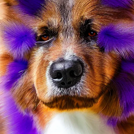 Image similar to ultra detailed photo of a dog with ultraviolet fur