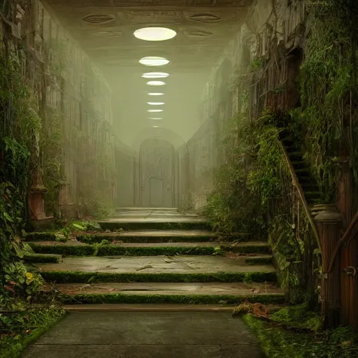 Prompt: overgrown hallway immaculate scale matte painting