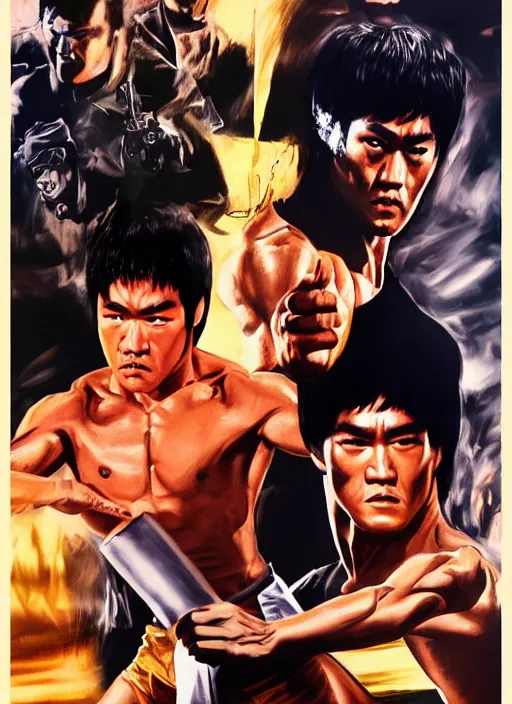 Image similar to Film poster Bruce lee fights VS terminator, faces look at each other, detailed and realistic, 4k, filmic render