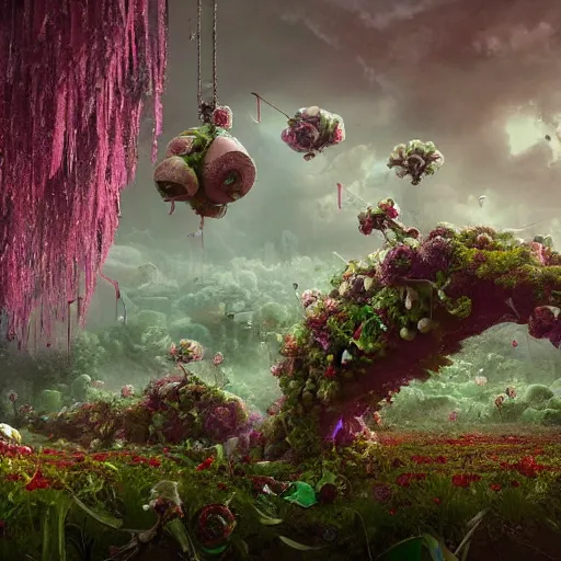 Prompt: intricate bio - organs intertwined with bio - robotic flowers, intricate environment, matte painting, cinematic, epic composition, highly detailed, atmospheric, wide angle, artstation trending