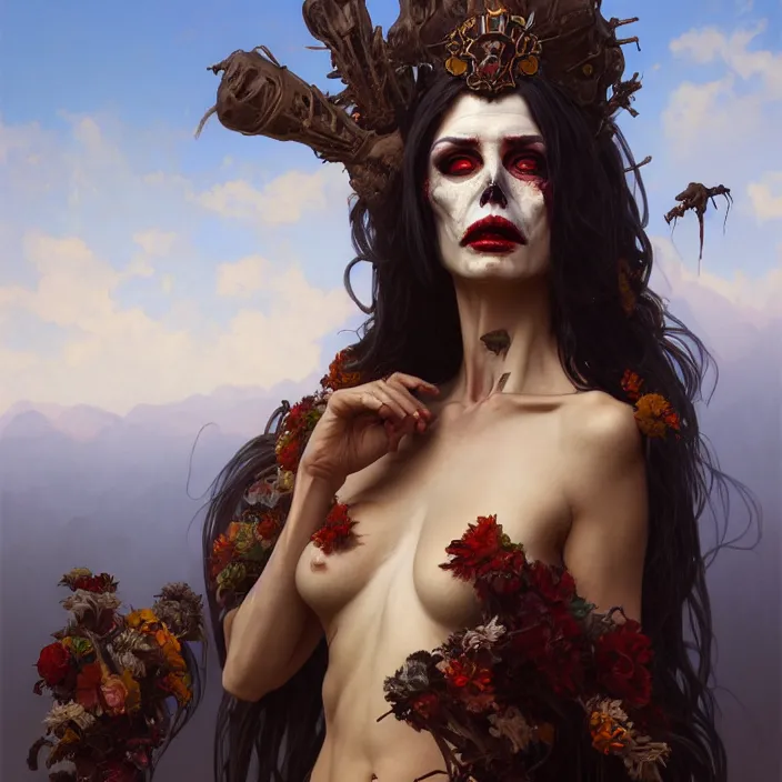 Prompt: excellent painted portrait of the undead queen of the southern burning plains, character artwork, 8k resolution artwork, trending on artstation, detailed oil painting portrait, art by artgerm and greg rutkowski and alphonse mucha and craig mullins and James Jean and Andrei Riabovitchev and Marc Simonetti and peter mohrbacher