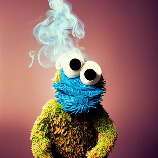 Image similar to cookie monster smoking a blunt turning into a weed bud stylised jonathan zawada photography portrait