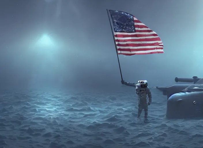 Image similar to astronaut holding a flag in an underwater desert. a submarine is visible in the distance. dark, concept art, cinematic, dramatic, atmospheric, 8 k, trending on artstation, blue, fish, low visibility, light rays, extremely coherent, bubbles, fog, ocean floor, christopher nolan, interstellar