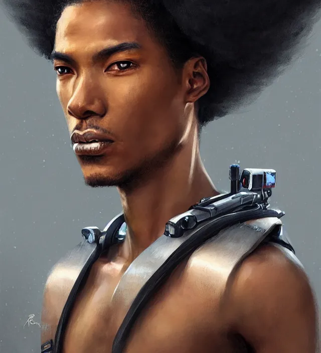 Image similar to portrait of a man by greg rutkowski, he is about 2 5 years old, mixture between afroamerican and japanese, afro hair, geisha tatoos, very tall and slender, he is wearing a futuristic police gear, highly detailed portrait, digital painting, artstation, concept art, smooth, sharp foccus illustration, artstation hq