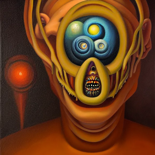 Prompt: an oil on canvas portrait painting, polycount, surrealism, surrealist, lovecraftian, cosmic horror, grant wood, high detail