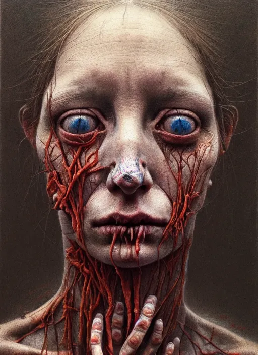 Image similar to there is ugliness in beauty, but there is also beauty in ugliness detailed portrait painting inspired by beksinski and alex gray, accurate anatomy, haunting cinematic photography, vintage grain, by jenny saville, trending on artstation. 8 k