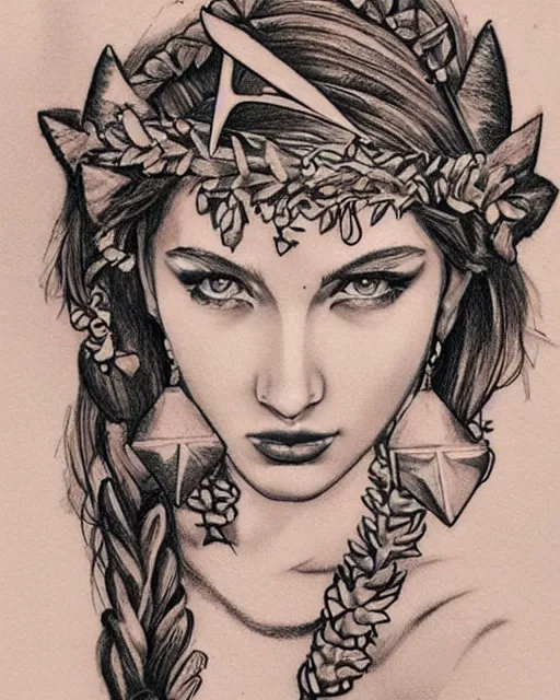 Prompt: tattoo sketch of beautiful model as aphrodite greek goddess wearing a laurel wreath and arrowhead earrings, hyper - realistic, beautiful piercing eyes, small and sharp pupils, sexy look, in the style of matteo pasqualin, amazing detail, fantasy, elegant, smooth, sharp