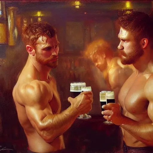 Image similar to attractive muscular mike with ginger hair with muscular attractive tyler with brunet hair, drinking their hearts out, in a pub. very defined and highly detailed painting by gaston bussiere, craig mullins, j. c. leyendecker 8 k