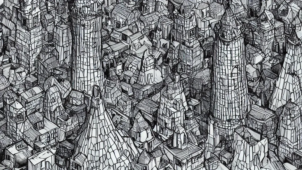 Prompt: aerial view of wizard tower surrounded by mountains, lineart, colored