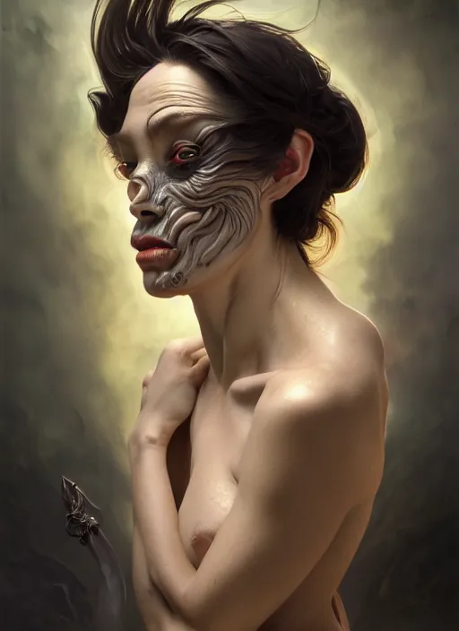 Image similar to a full body perspective of a preistess of the underworld, severe expression, crooked nose, shiny, intricate, elegant, highly detailed, ultra definition, digital painting, artstation, vray, concept art, smooth, high speed photography, illustration, art by artgerm and greg rutkowski and alphonse mucha and james jean