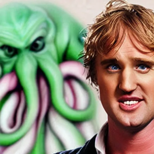 Prompt: still from a romantic comedy where Owen Wilson falls in love with Cthulhu, Elder God and Bringer of Madness. Owen Wilson plays a Starbucks barista down on his luck, while Cthulhu is the Elder God and Bringer of Insanity (tentacles and eyes that tear into your soul and bring unending frothing madness). Directed by Wes Anderson