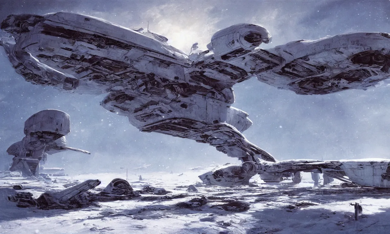 Image similar to remains of a derelict spaceship covered in snow on a frozen alien world, science-fiction, cinematic lighting, cinematic angle, Syd Mead, Federico Pelat, daylight, blue sky, spaceship in the sky