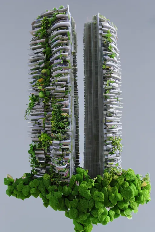 Image similar to 3 d printed physical model organic flowy including more than one city into one vertical building model that sits on a table in a room with a view back, multiple stories, transparent, with vegetation, colorful, eye - level view, 8 0 k, octane render, highly detailed 3 d render,