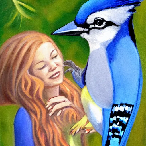 Image similar to a painting of a bluejay returning to the girl that raised it